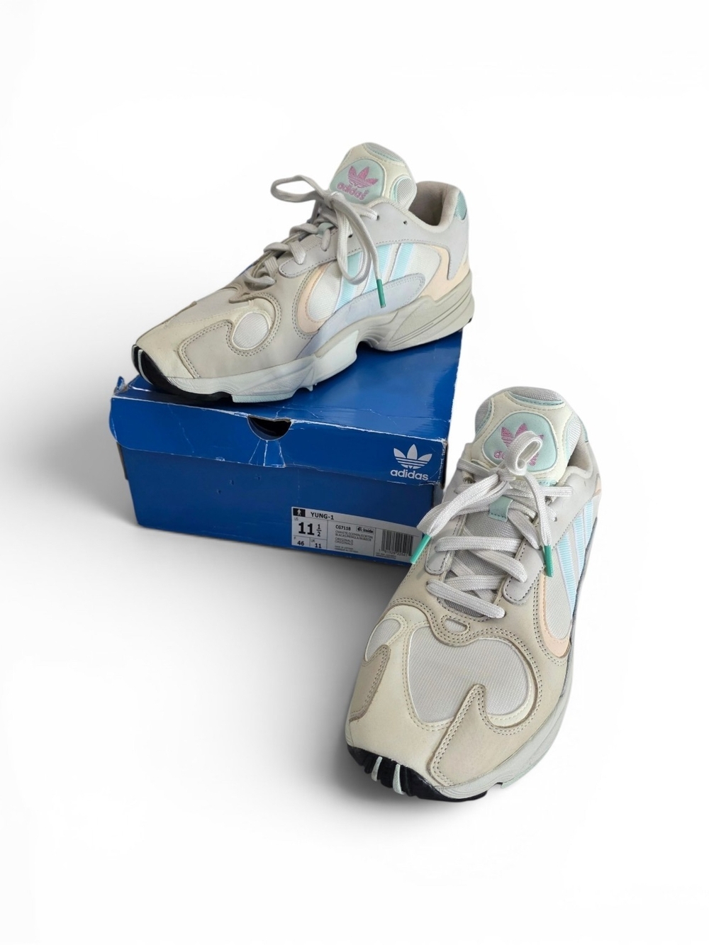 adidas Yung 1 Cream Sneakers with Pastel Blue & Mint Accents